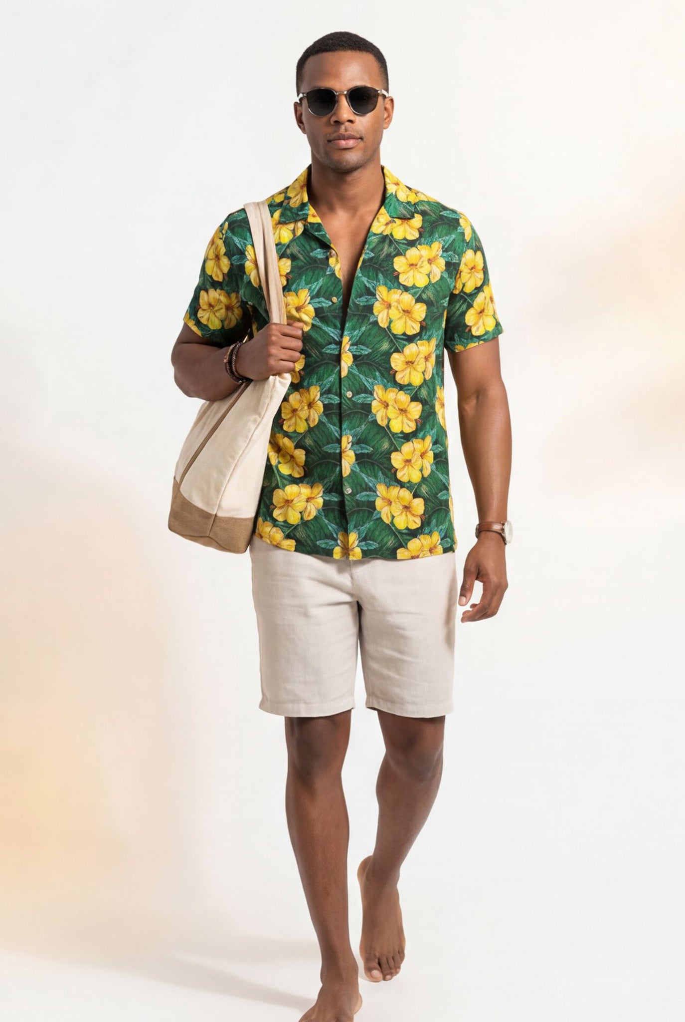 Hawaiian Aloha Shirt Men's Tropical Flowers Yellow Classical Short Sleeve