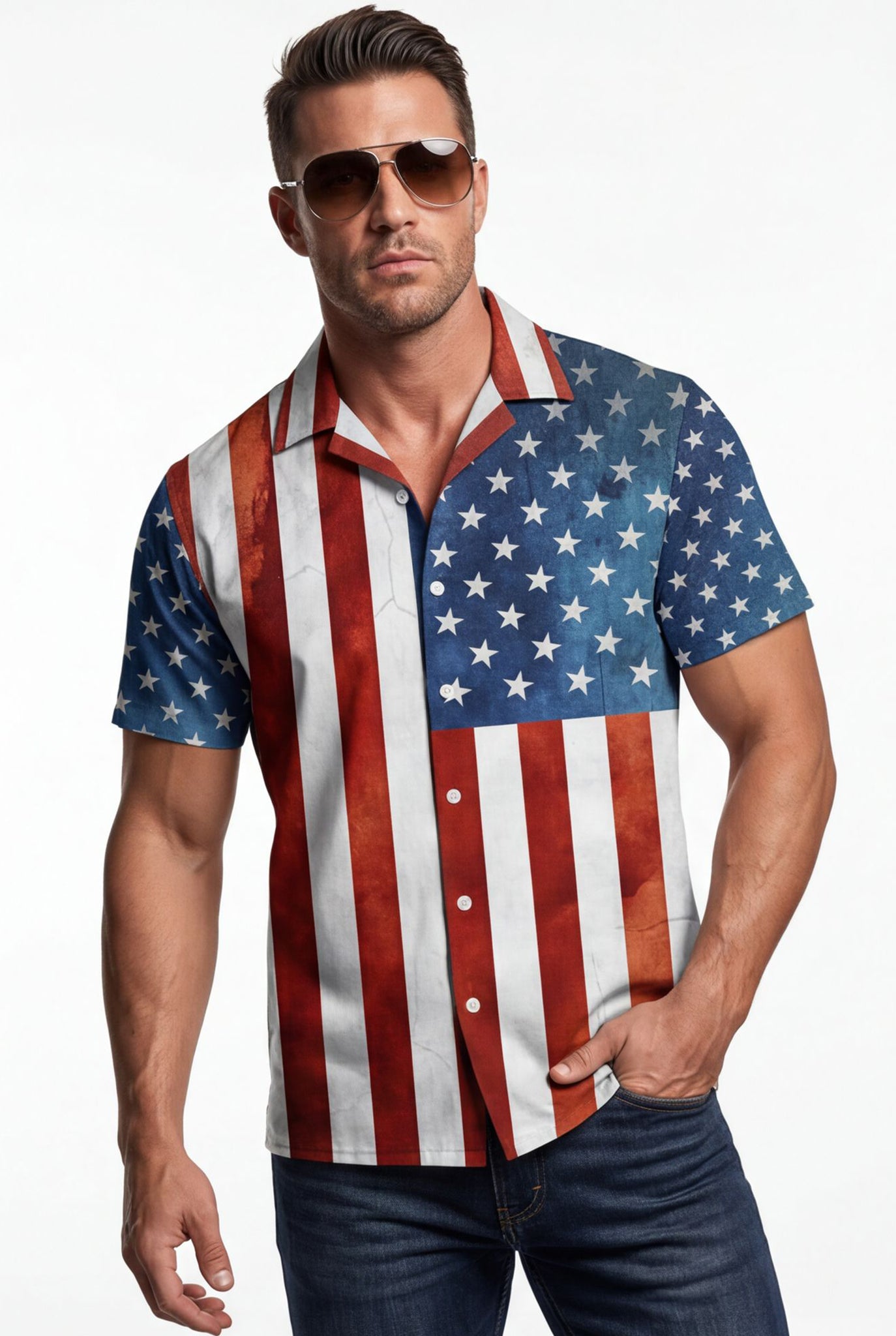Hawaiian Aloha Shirt Men's Usa Flag Modern Short Sleeve