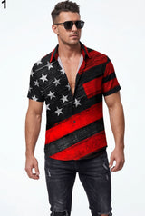 Hawaiian Aloha Shirt Men's Usa Flag Black Red Modern Short Sleeve