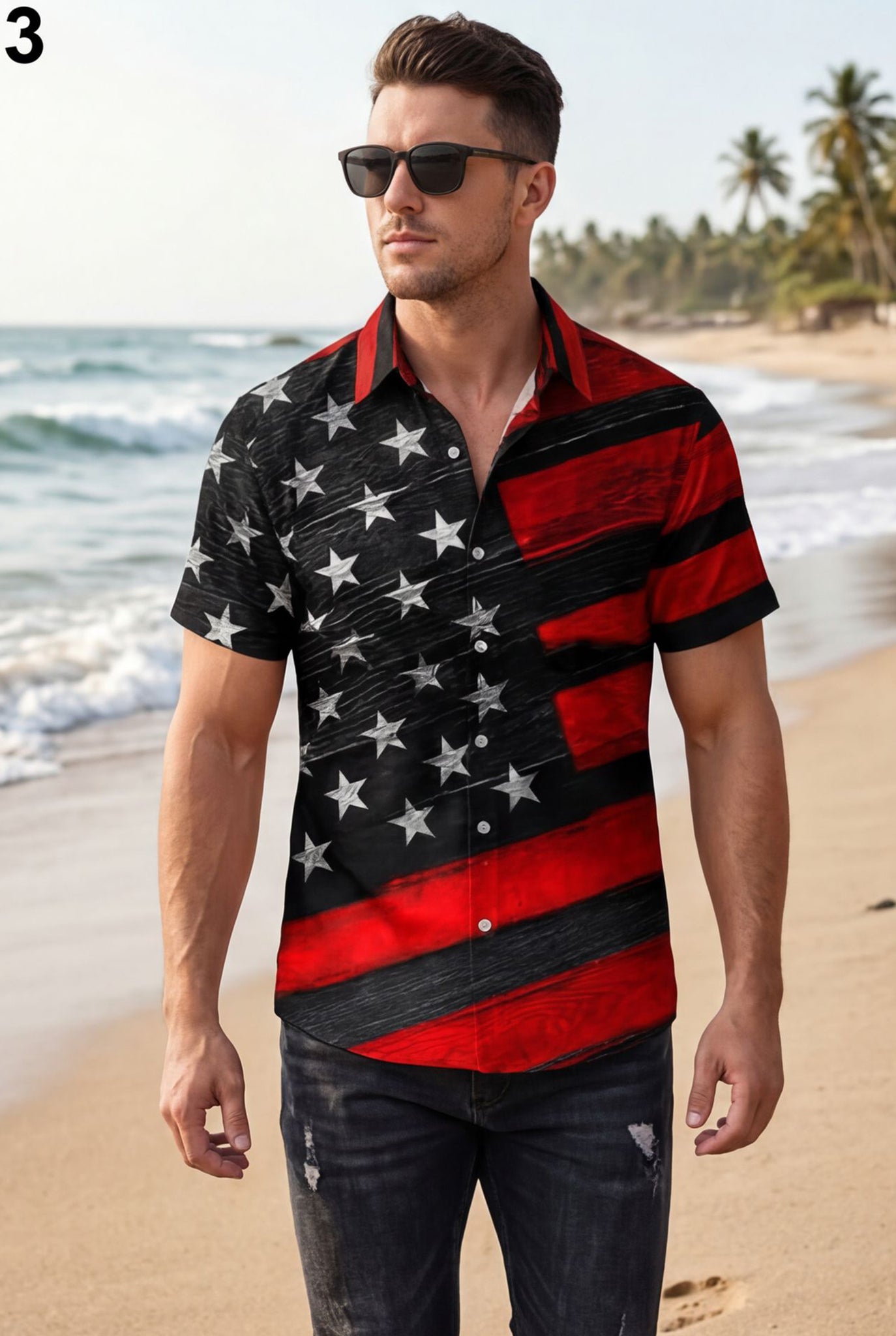 Hawaiian Aloha Shirt Men's Usa Flag Black Red Modern Short Sleeve