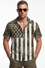 Hawaiian Aloha Shirt Men's Usa Flag White Green Camo Modern Short Sleeve