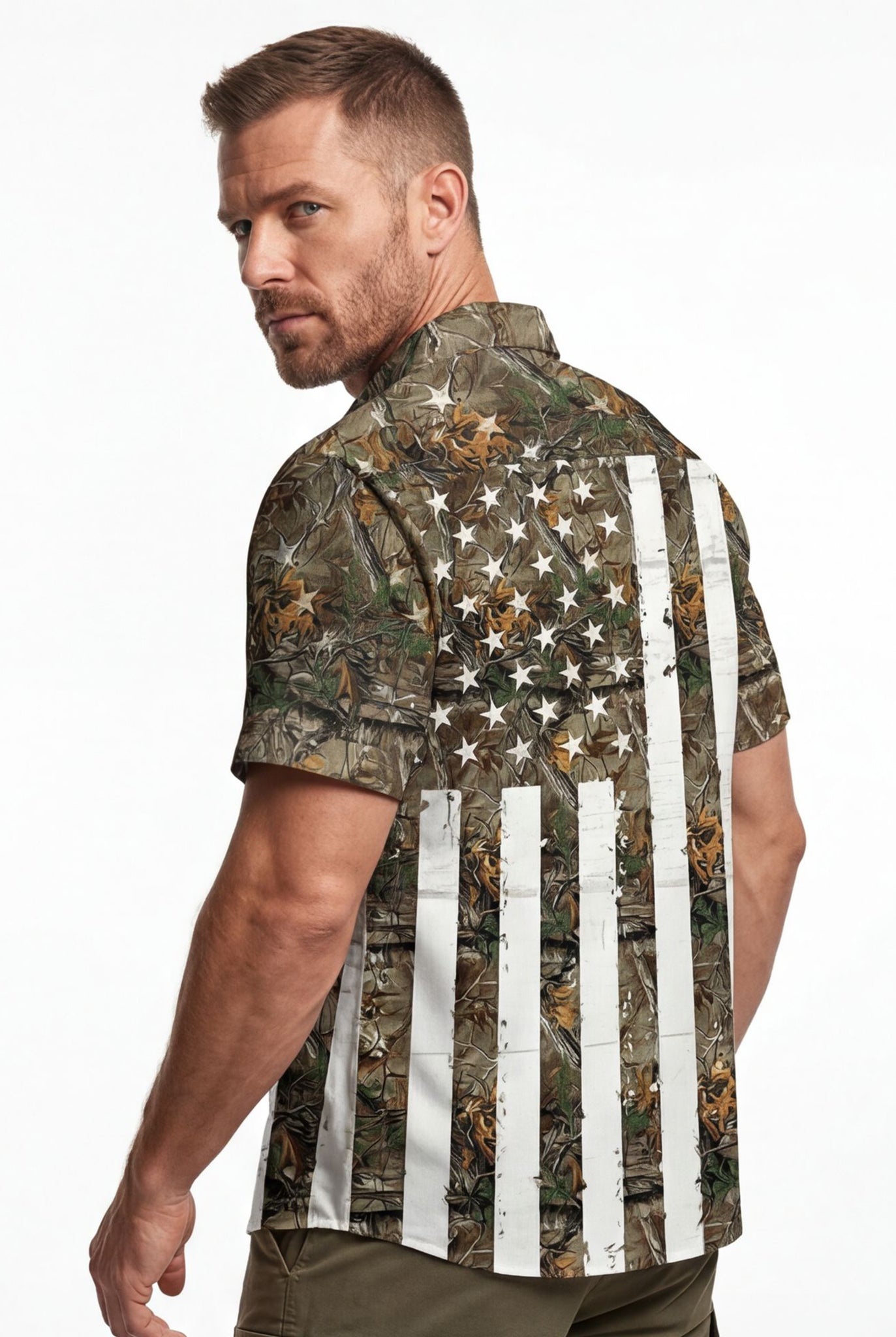 Hawaiian Aloha Shirt Men's Usa Flag White Green Camo Modern Short Sleeve