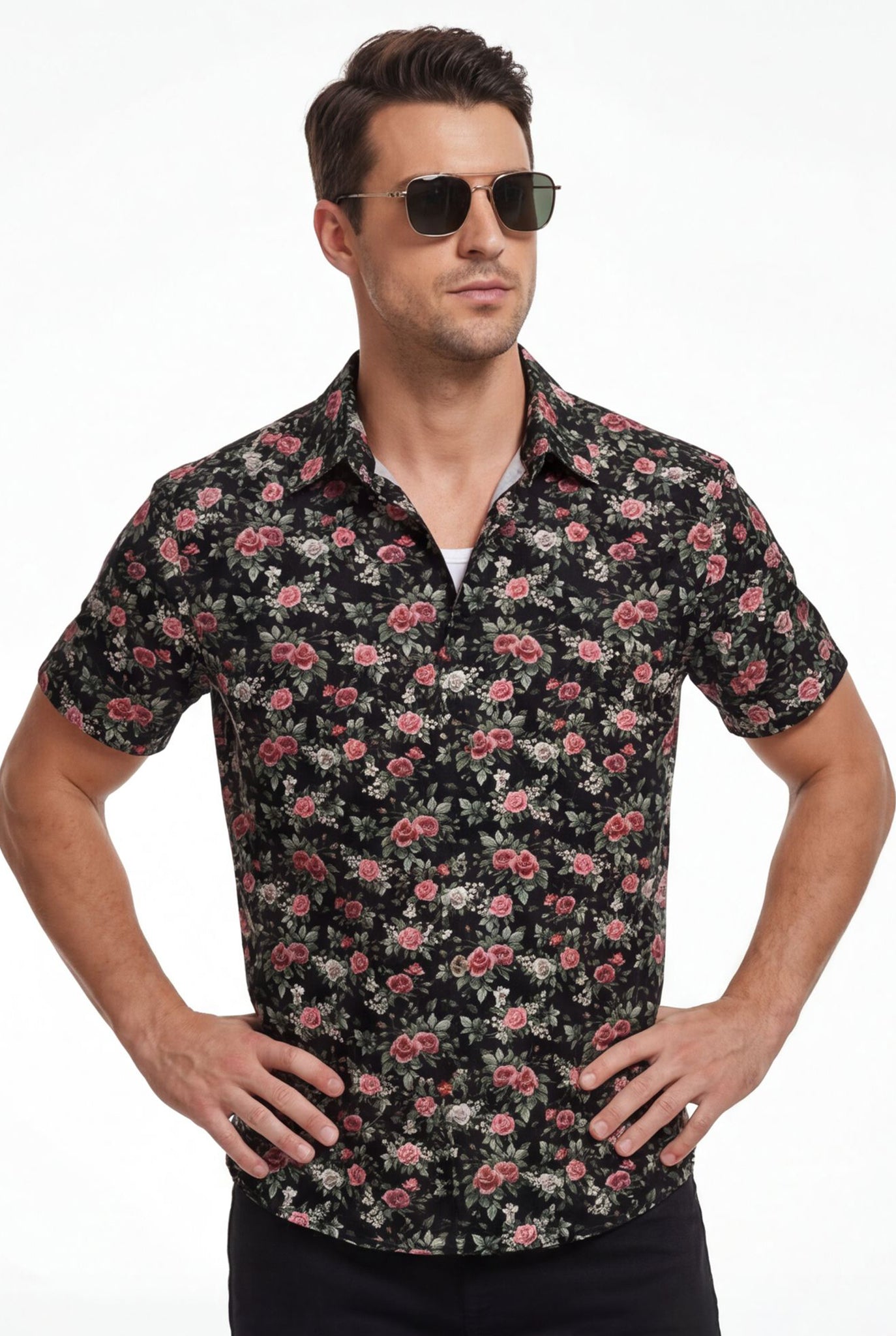 Hawaiian Shirt Aloha Floral Flower Black Tropical Classic Short Sleeve
