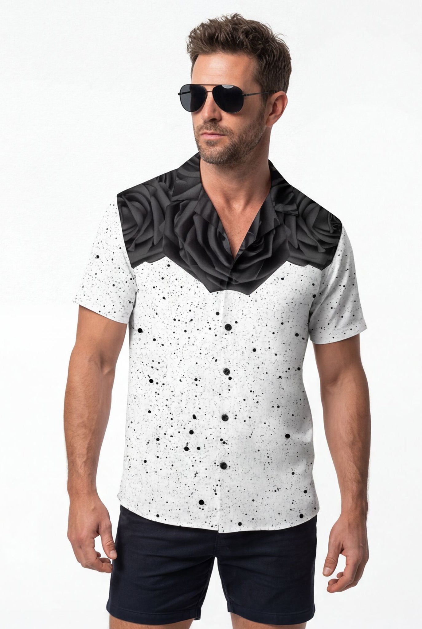 Hawaiian Aloha Shirt Men's White Black Rose Modern Short Sleeve
