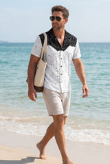 Hawaiian Aloha Shirt Men's White Black Rose Modern Short Sleeve
