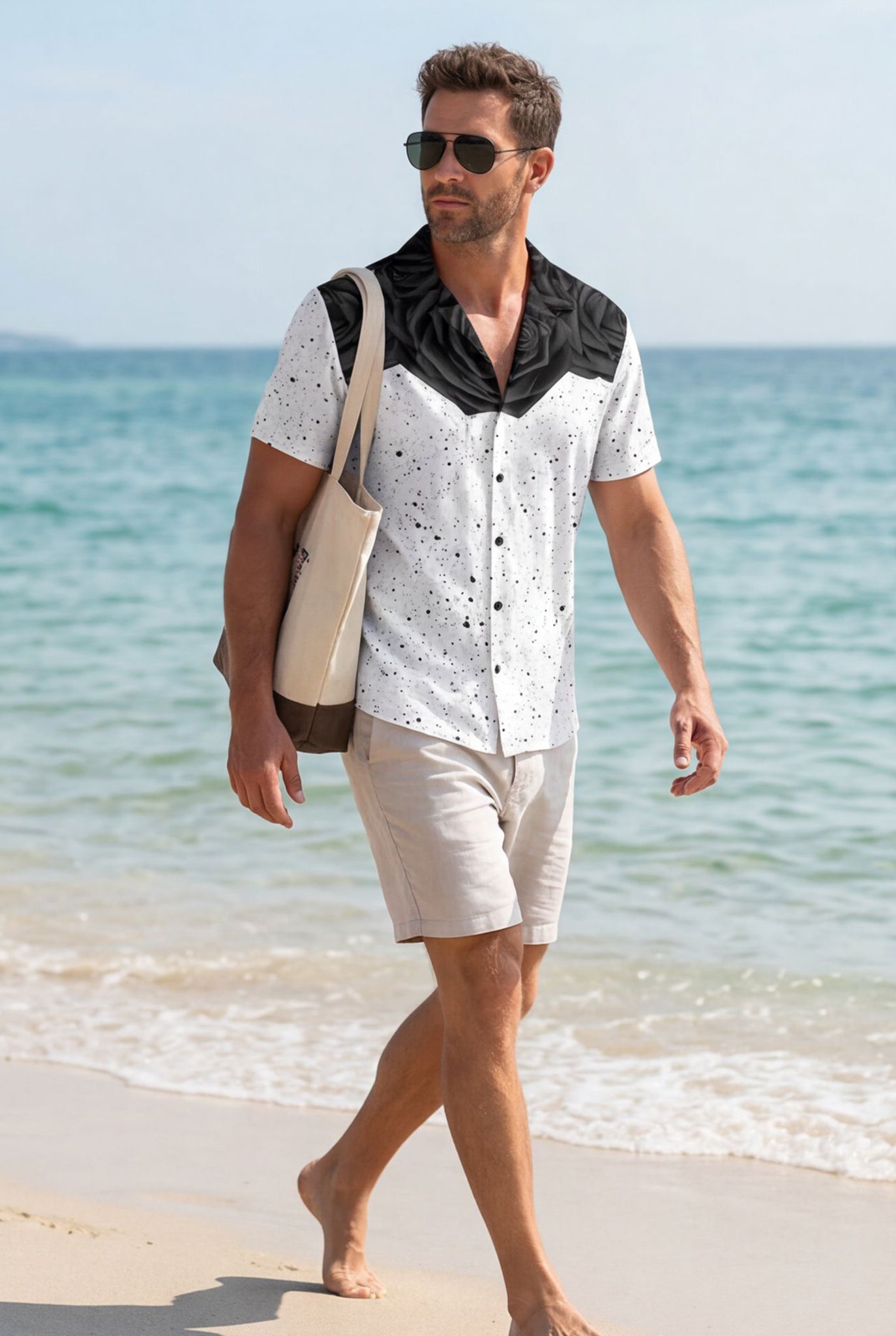 Hawaiian Aloha Shirt Men's White Black Rose Modern Short Sleeve