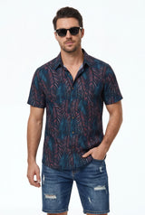 Hawaiian Aloha Palm Leafs Blue Tropical Classic Short Sleeve