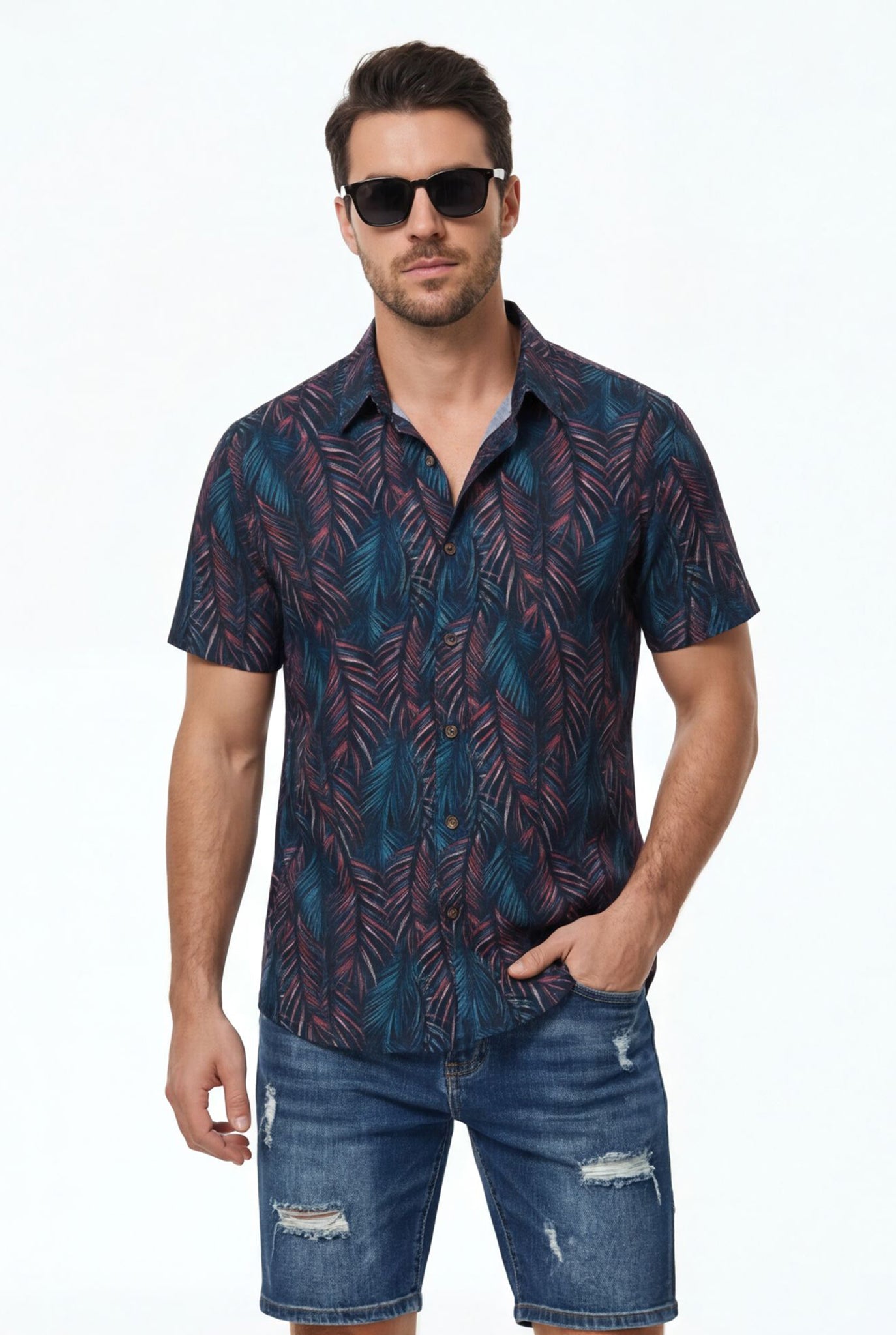 Hawaiian Aloha Palm Leafs Blue Tropical Classic Short Sleeve