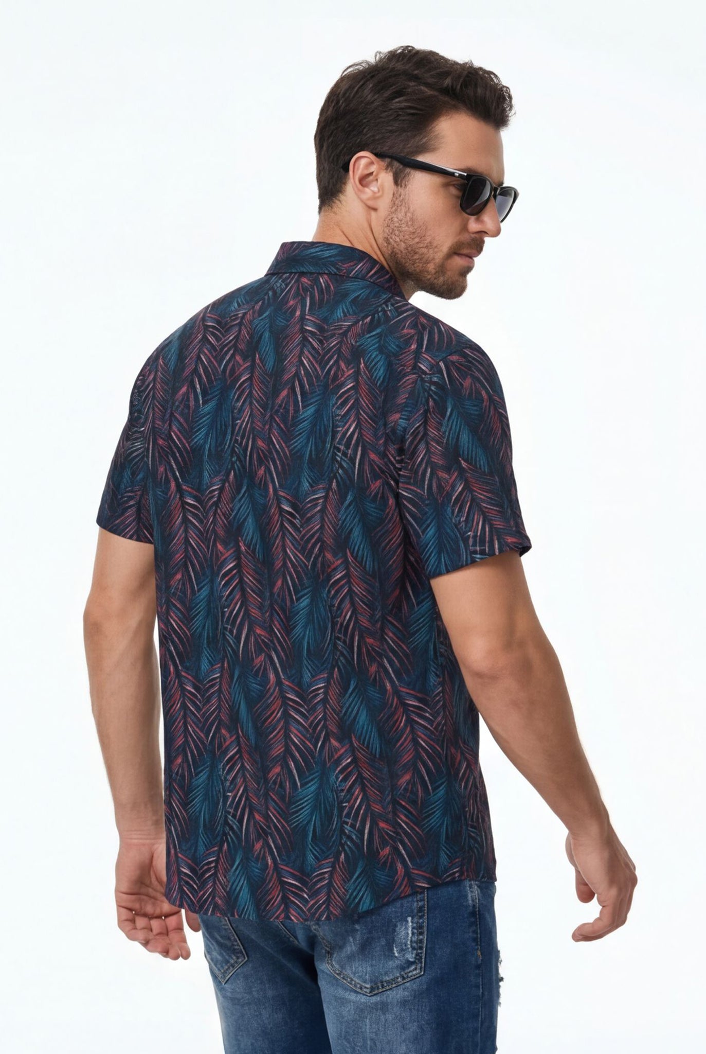 Hawaiian Aloha Palm Leafs Blue Tropical Classic Short Sleeve