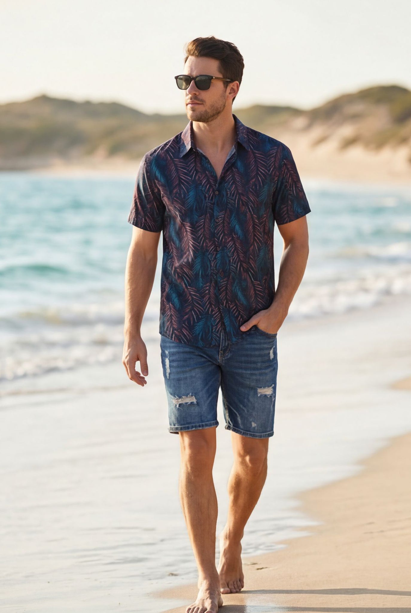 Hawaiian Aloha Palm Leafs Blue Tropical Classic Short Sleeve