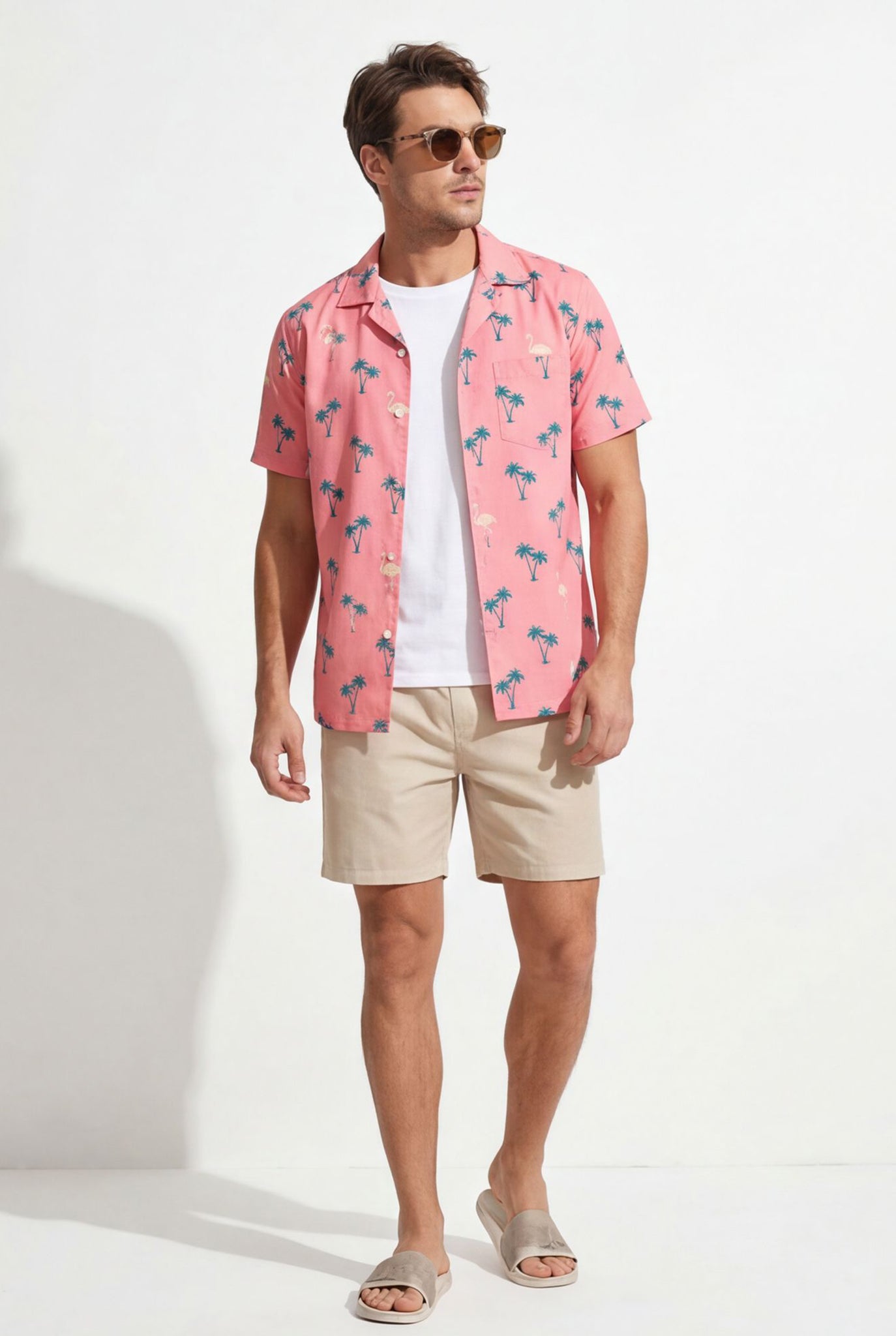 Hawaiian Aloha Shirt Men's Tropical Pink Blue Flamingo Short Sleeve