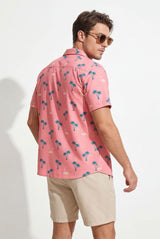 Hawaiian Aloha Shirt Men's Tropical Pink Blue Flamingo Short Sleeve