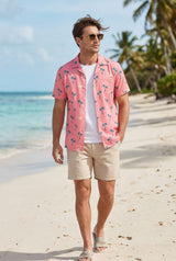 Hawaiian Aloha Shirt Men's Tropical Pink Blue Flamingo Short Sleeve
