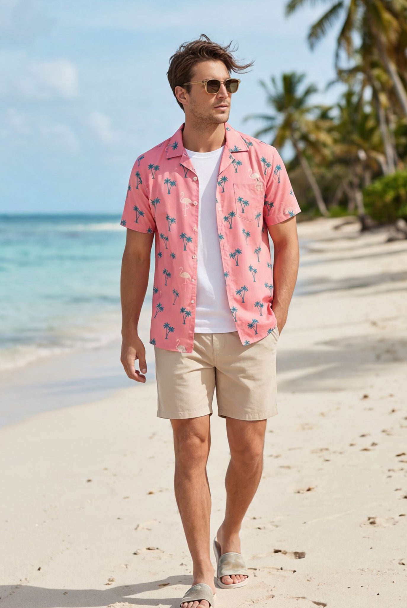 Hawaiian Aloha Shirt Men's Tropical Pink Blue Flamingo Short Sleeve