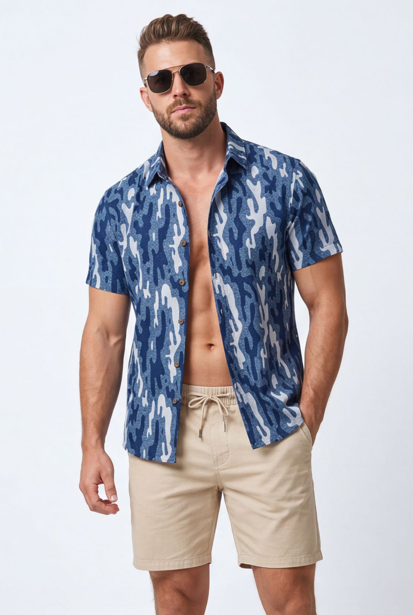 Hawaiian Shirt Men's Camo Denim Style Aloha Short Sleeve