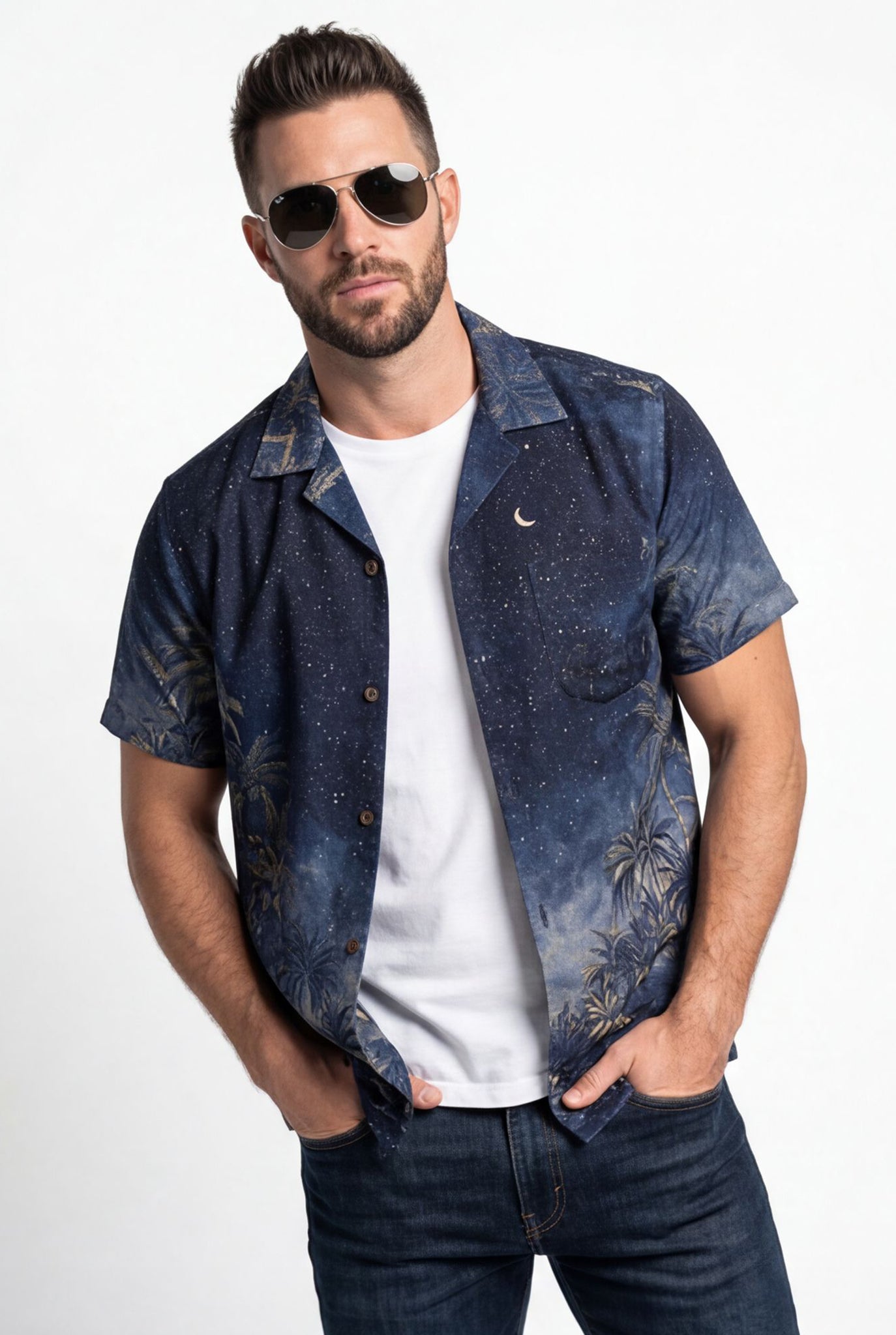 Hawaiian Shirt Men's Tropical Night Moon Flower Aloha Short Sleeve