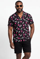 Hawaiian Shirt Men's Tropical Print Black Pink Flamingo Aloha Short Sleeve