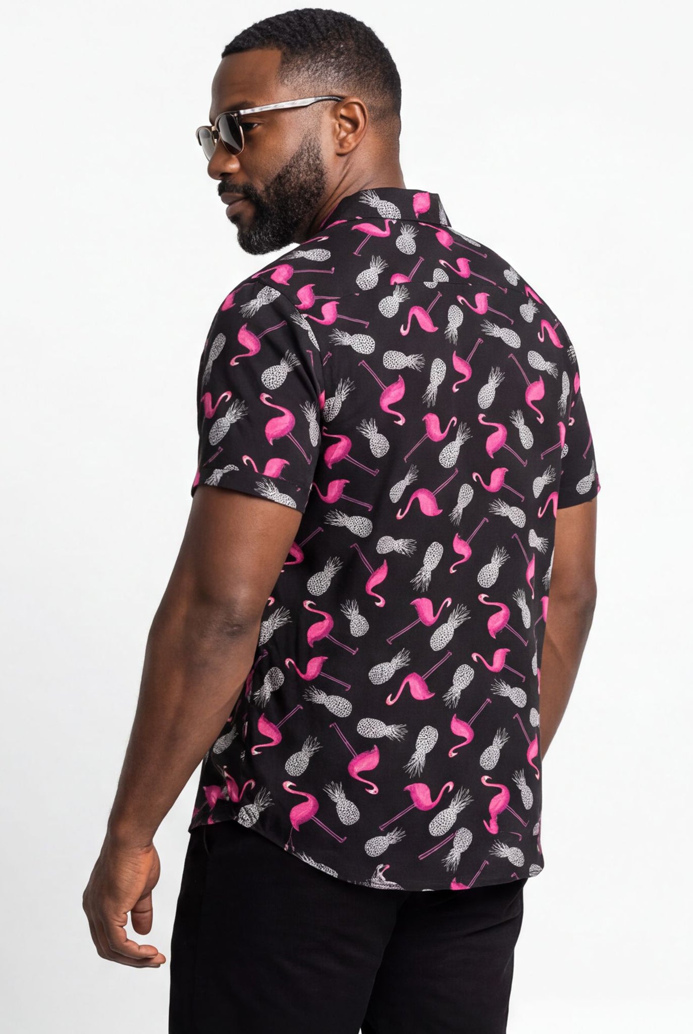 Hawaiian Shirt Men's Tropical Print Black Pink Flamingo Aloha Short Sleeve