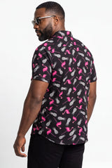 Hawaiian Shirt Men's Tropical Print Black Pink Flamingo Aloha Short Sleeve