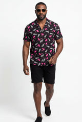 Hawaiian Shirt Men's Tropical Print Black Pink Flamingo Aloha Short Sleeve