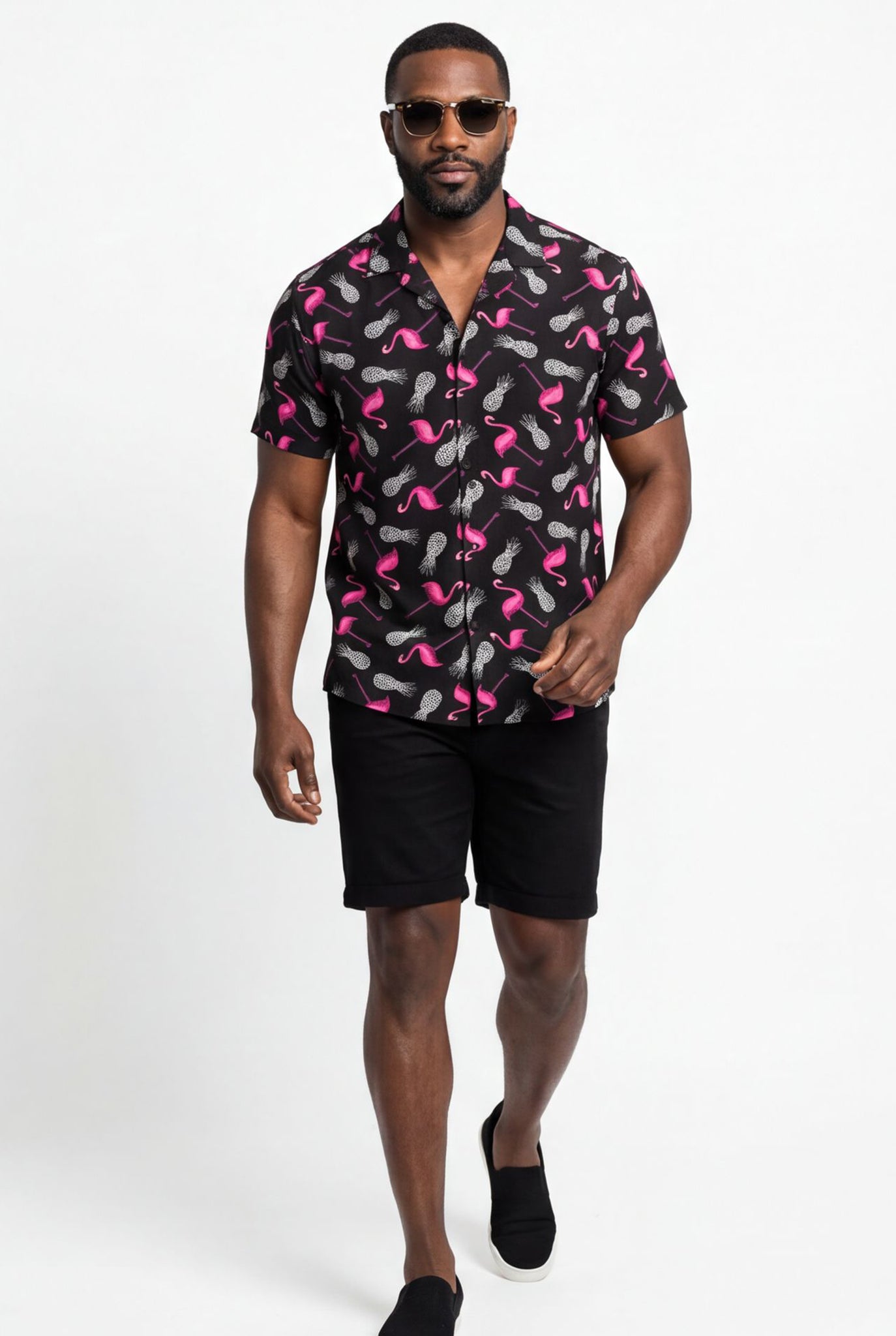 Hawaiian Shirt Men's Tropical Print Black Pink Flamingo Aloha Short Sleeve