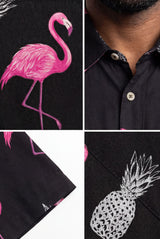 Hawaiian Shirt Men's Tropical Print Black Pink Flamingo Aloha Short Sleeve