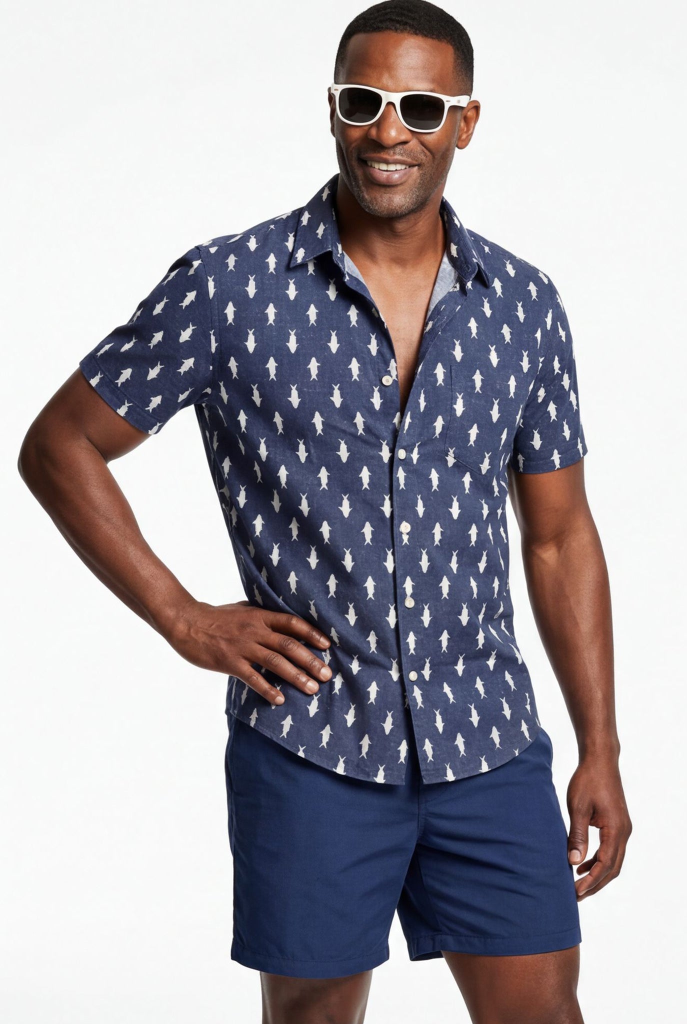Hawaiian Shirt Men's Blue Sharks Style Aloha Short Sleeve